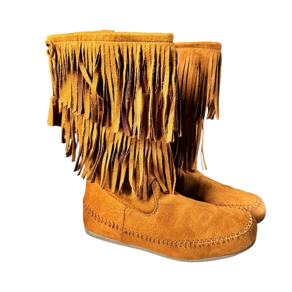 Fringe Midcalf Western Native Boots‎ Girls 5 Womens 7 Zip New Faux Suede Leather
